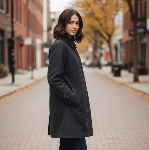 Gap Vintage 2003 Black Cotton Mac Trench Coat - Mod Floral Lining - Size M - Picture 2 of 16